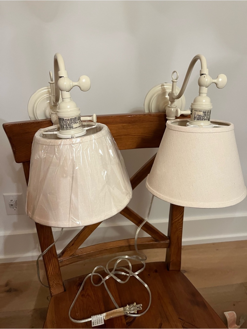 Pottery Barn Cream Metal Adjustable Pair of Wall Sconces & Cream Fabric Shades